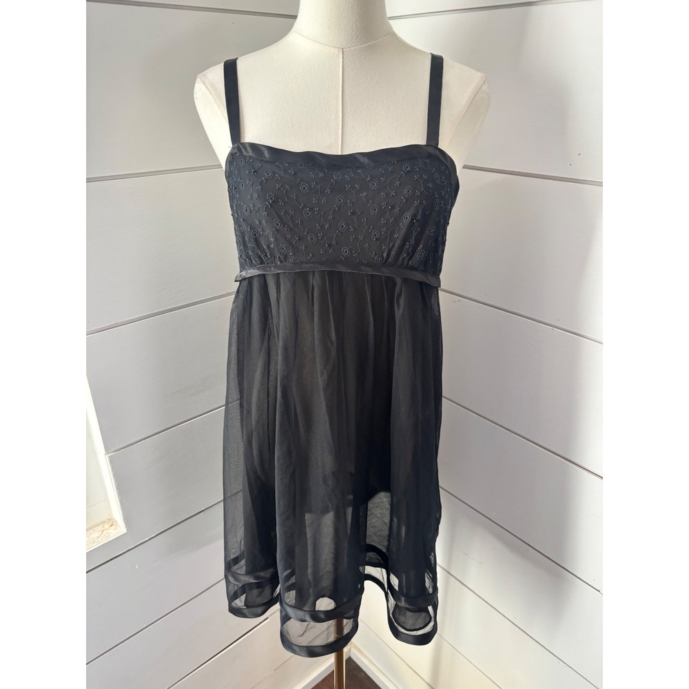 Oscar de la Renta Chemise Women XL Black Excellent Embroidered Mesh Babydoll Y2K
